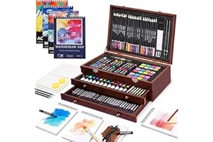 COOL BANK 194 Piece Deluxe Art Set, Painting Drawing Art Supplies with 4 Drawing Pads, Acrylic Paints, Crayons, Colored Pencils Set in Wooden Case, Art Kit Gift Box for Kids, Teens, Adults, Artists, Beginners
