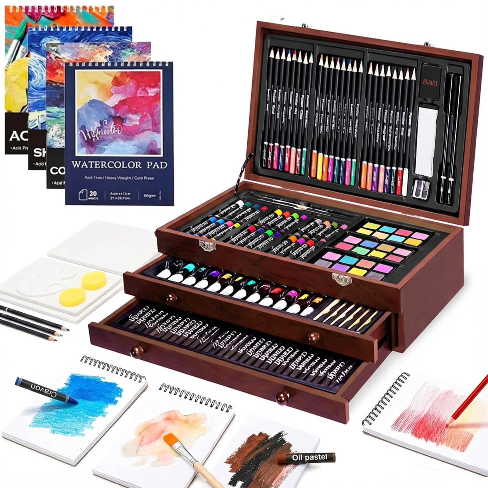 Photo 1 of 194 Piece Deluxe Art Set, Painting Drawing Art Supplies with 4 Drawing Pads, Acrylic Paints, Crayons, Colored Pencils Set in Wooden Case, Art Kit Gift Box for Kids, Teens, Adults, Artists, Beginners