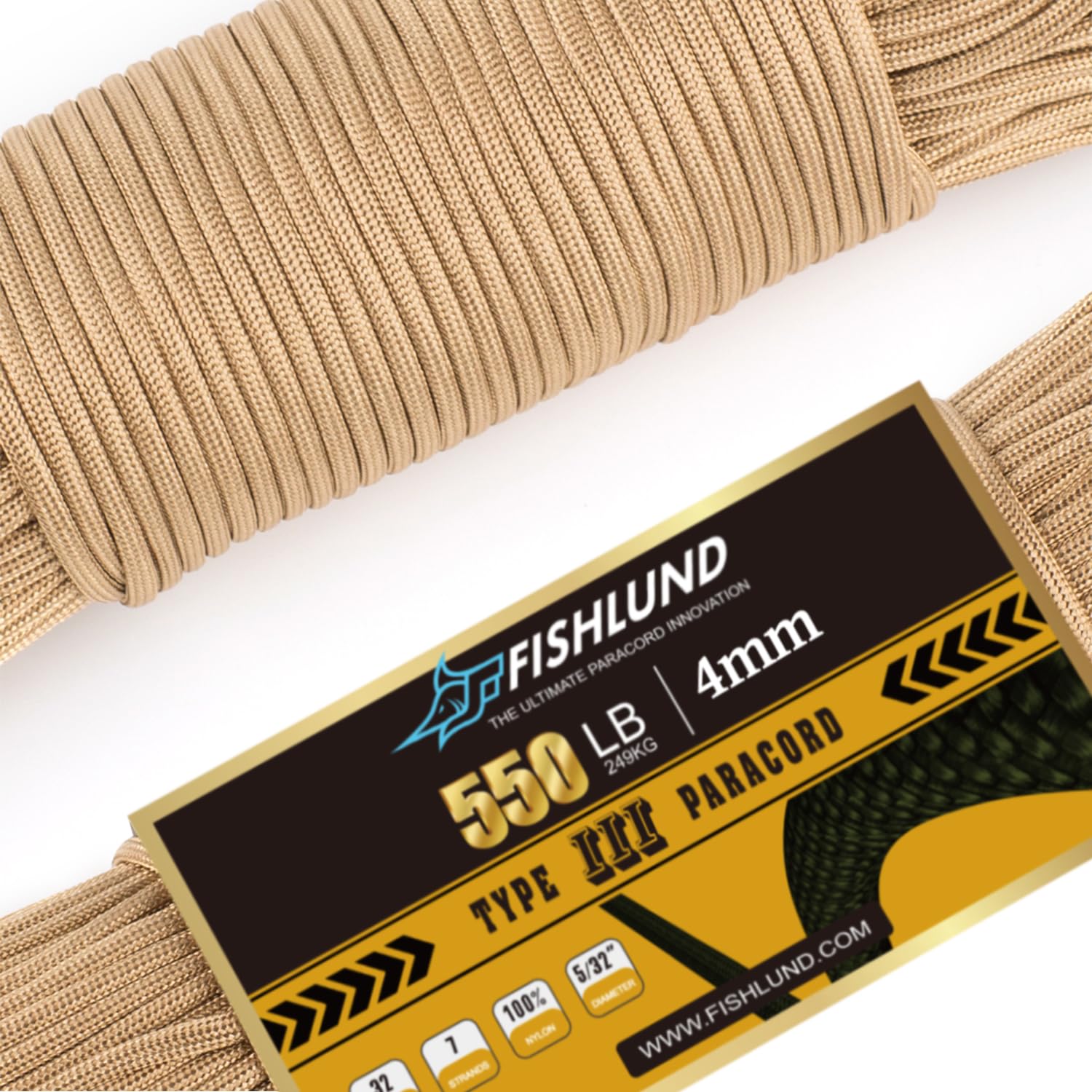 FISHLUND Paracord 550 lb, 7 Strand Paracord Rope 100ft 4mm, Nylon Parachute Cord for Camping, Desert Tan
