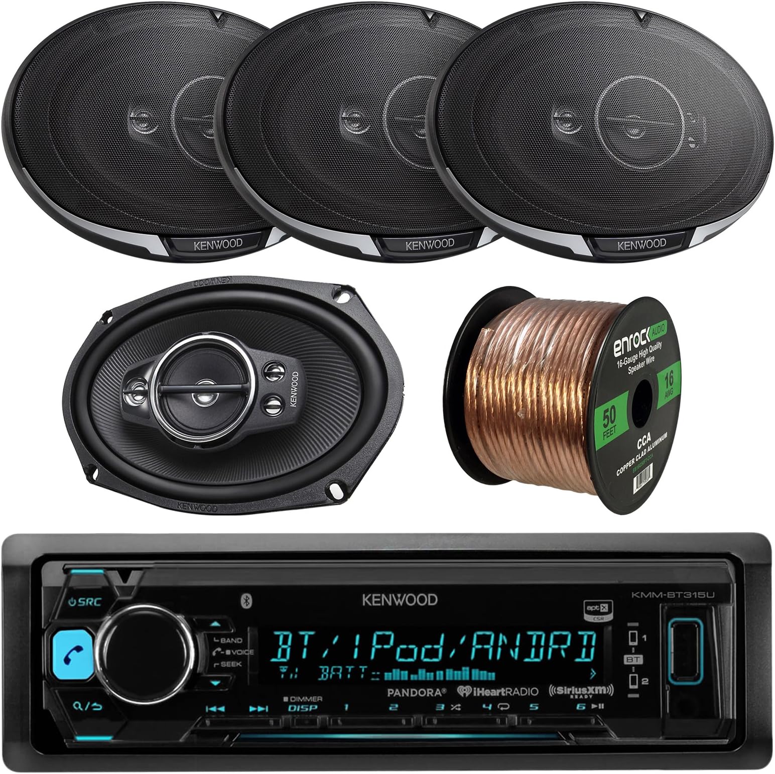 Kenwood KMM-BT315U Single DIN Bluetooth in-Dash AM/FM Car Stereo Receiver Bundle Combo with 4X KFC6995PS 6x9 1300-Watt 5-Way Flush Mount Coaxial Speakers + Enrock 16g 50 Feet Speaker Wire