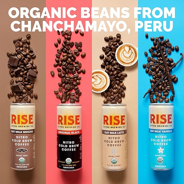 RISE BREWING CO. NITRO COLD BREW COFFEE, ORGANIC, NON-GMO, CLEAN ENERGY & LOW ACIDITY, 3X ORIGINAL BLACK, OAT MILK LATTE, OAT MILK MOCHA & OAT MILK VANILLA, 7 FL. OZ. CANS (12 PACK)