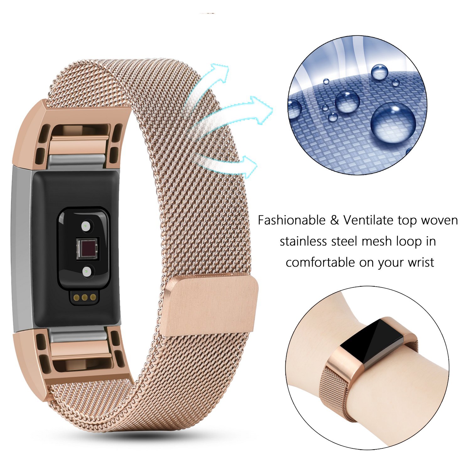 Fitbit Charge 2 Replacement Band, MeanLove Stainless Steel Bracelet Wristband Magnetic Absorbing Band for Fitbit Charge 2 (Pink, L (6.7\