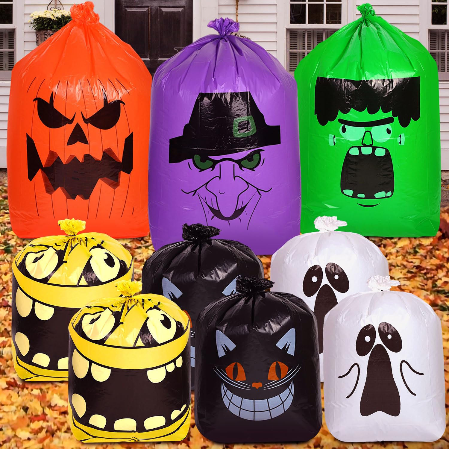 lasuroa 9pcs Halloween Leaf Trash Bags, Halloween Leaf Bags Halloween Trash Bag Monster Pumpkin Mummy Ghost Black Cat Halloween Yard Leaf Bags with Twist Ties for Halloween Outdoor Decorations