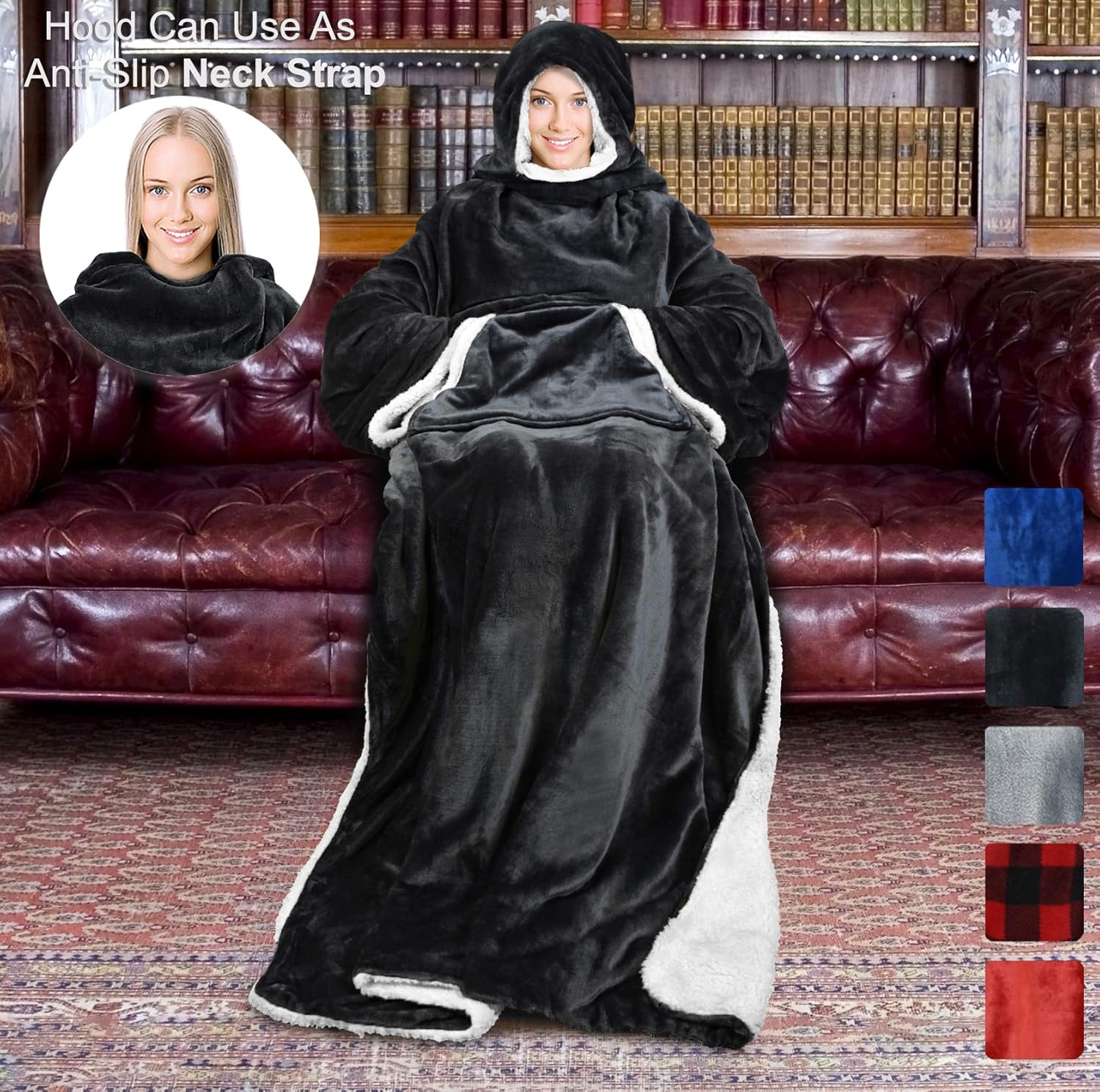 Sherpa Hood Wearable Blanket for Adult Women and Men, Super Soft Comfy Warm Plush Throw with Sleeves TV Blanket Wrap Robe Hoodie Cover for Lounge Chair Couch 72" x 55" Black