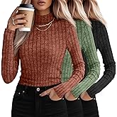 3 Pack Women's Mock Turtleneck Sweaters, Long Sleeve Ribbed Knit Tops, Fit Soft Thermal Underwear, Lightweight Fall Pullover(Rust Red, Green, Black,M)