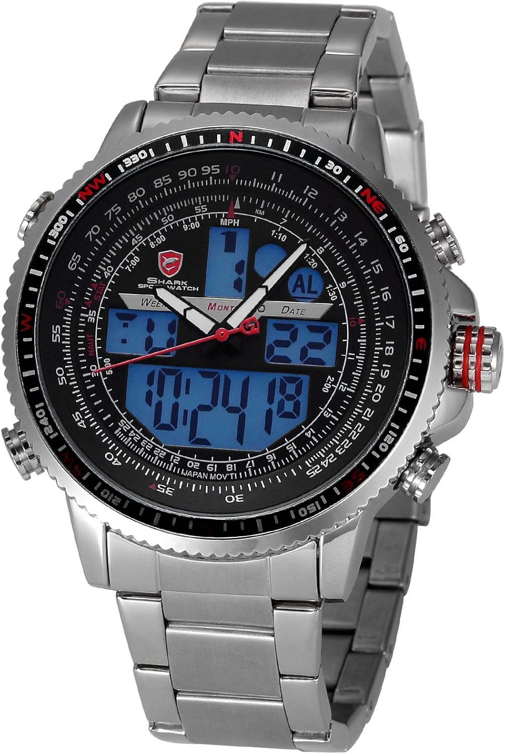 Shark Men's Sport Digital Analog LCD Display Alarm Chronograph Stainless Steel Quartz Wrist