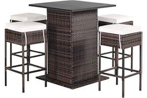 RELAX4LIFE 5-Piece Outdoor Bar Set, Wicker Rattan Bar Height Patio Set w/4 Cushion Bar Stools & Table with Hidden Storage, 5PCS Outdoor High Top Table and Chairs Set for Backyard Poolside (White)