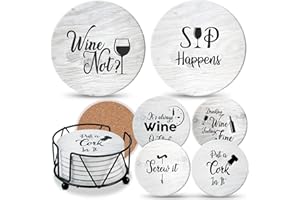 ULTIMATE HOSTESS Coasters for Drinks Absorbents with Holder - 6 Pcs Gift Set with 6 Funny Sayings for Wine Lovers - Ceramic Stone with Corked Back, Unique Present for Housewarming, Living Room Decor