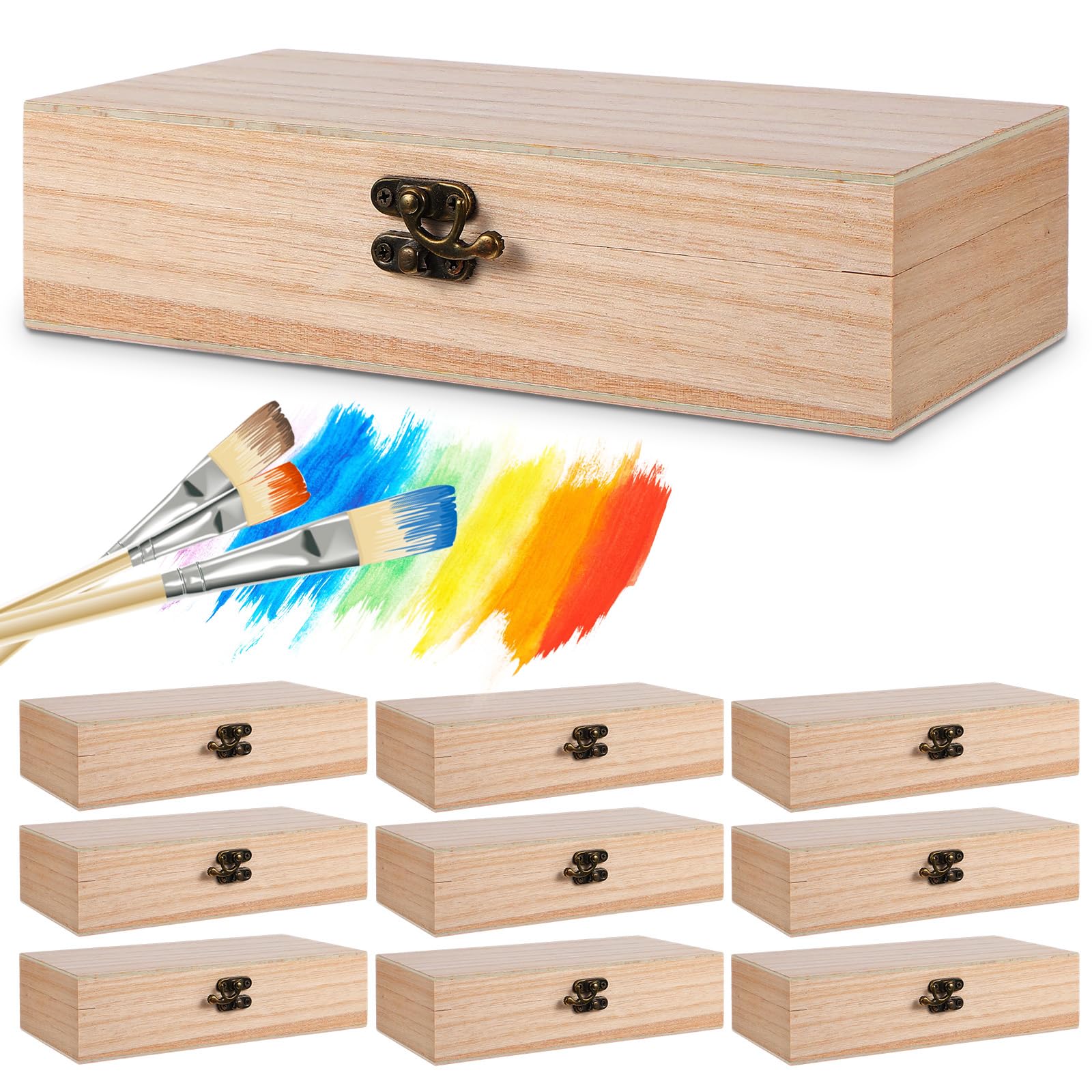 Photo 1 of 10 Pack Wooden Box with Hinged Lid, Unfinished Wood Box for Crafts, Large Unpainted Wooden Boxes for DIY Art Gifts Storage Jewelry, 8x4x2 Inch