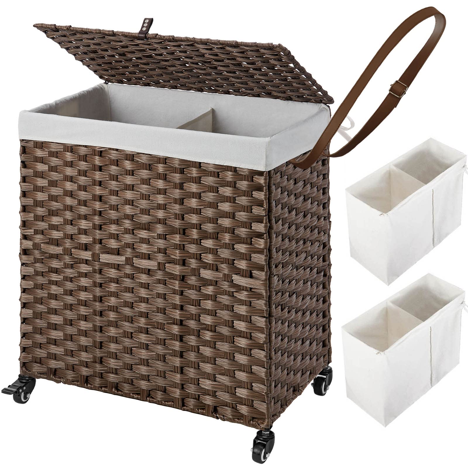 Photo 1 of ***The model may vary****

Greenstell Laundry Hamper with Wheels, No Install Needed, 110L Divided Handwoven Hampers & 2 Removable Liner Bags, Rattan Clothes Laundry Basket with Lid & Handles, Foldable Hampers Brown 22x13x26.4In