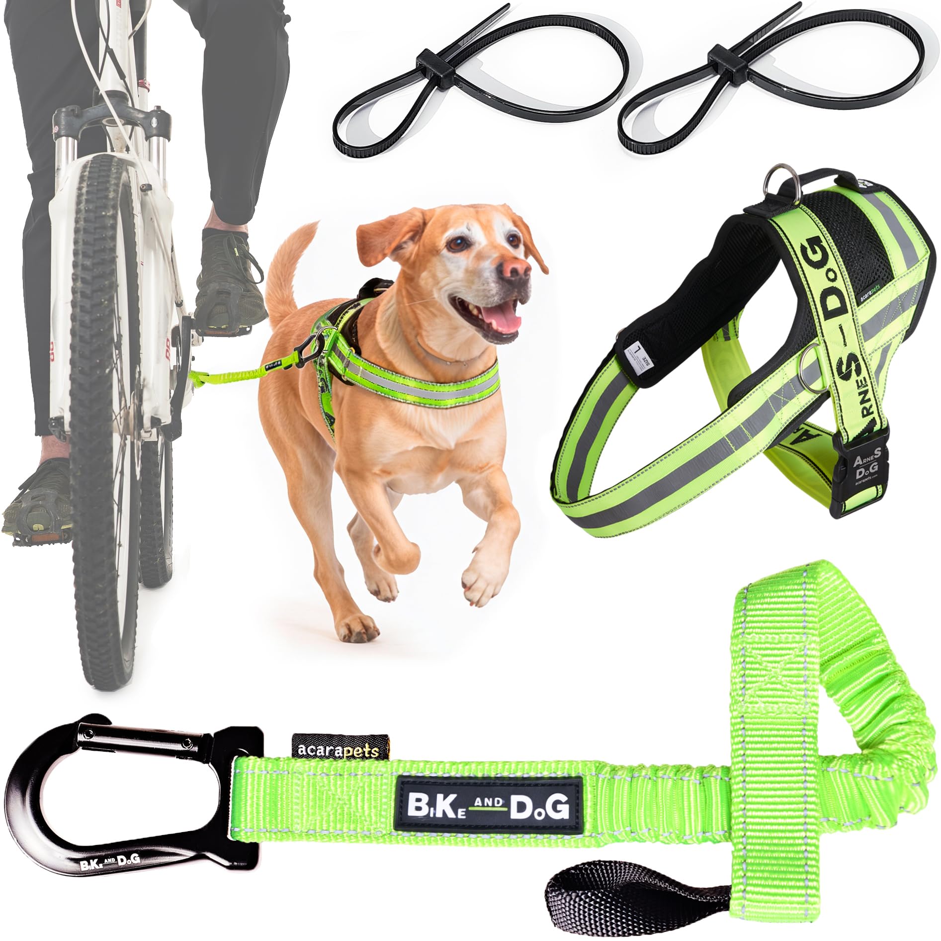 BIKE AND DOG - Dog leash and dog harness for bicycle, harness with side rings, includes 2 bicycle straps. Patented. (Yellow, Leash-harness L)