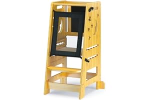 TOETOL Kids Kitchen Step Stool with Keeper Bamboo Toddler Child Standing Tower Helper Adjustable Height with Black and White Activity Board
