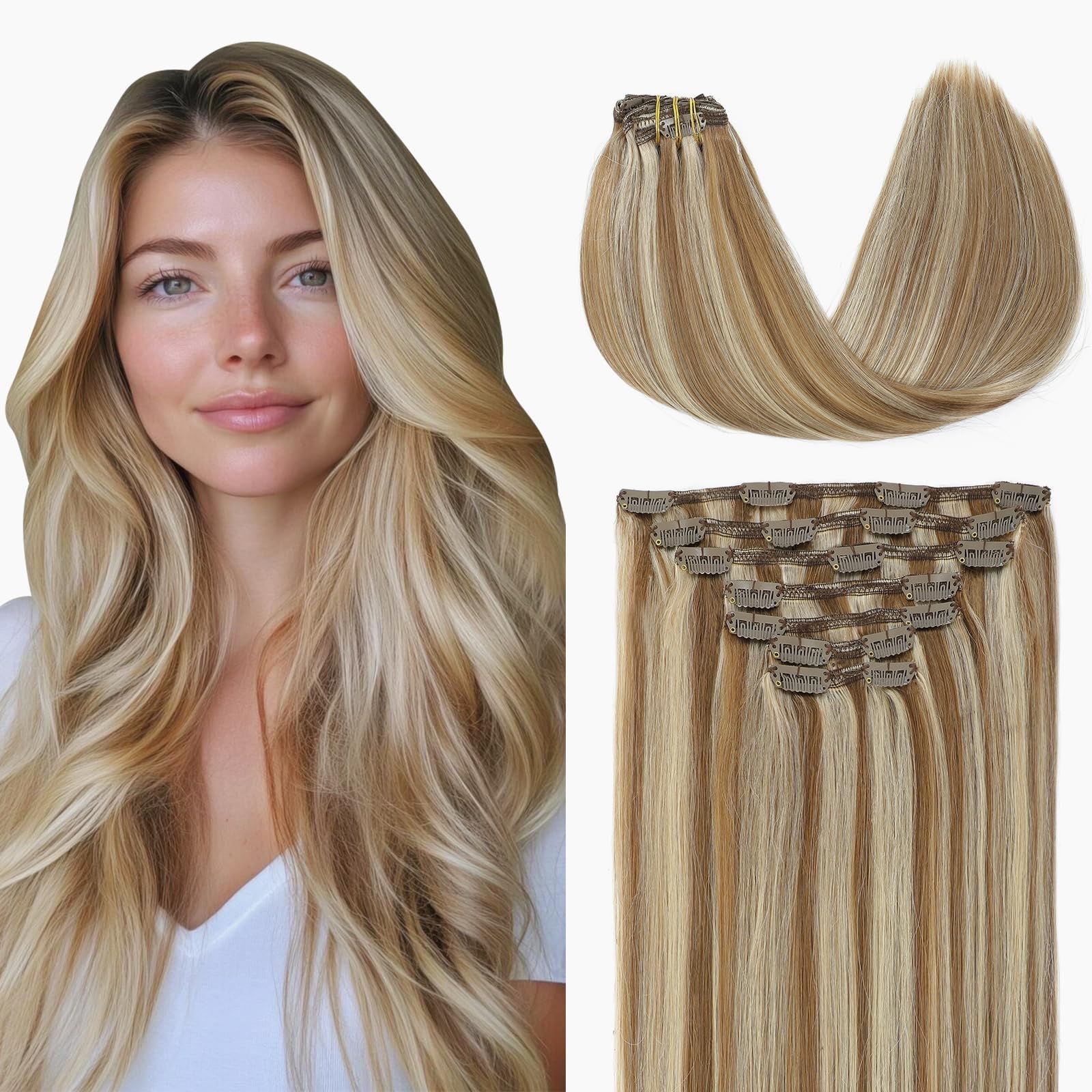 VINBAO Clip in Hair Extensions Real Human Hair 16inch 140g, Ash Brown Highlighted Platinum Blonde Human Hair Extensions Clip ins 7pcs Hair Clip in Extensions for Women (#7C8P60, 16'')