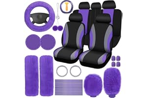 ROCEEI 43 Pcs Purple and Black Car Seat Cover Full Set for Women Christmas Fuzzy Car Accessories Fluffy Steering Wheel Cover Front Rear & Belt Handbrake Shift Accessory for Winter