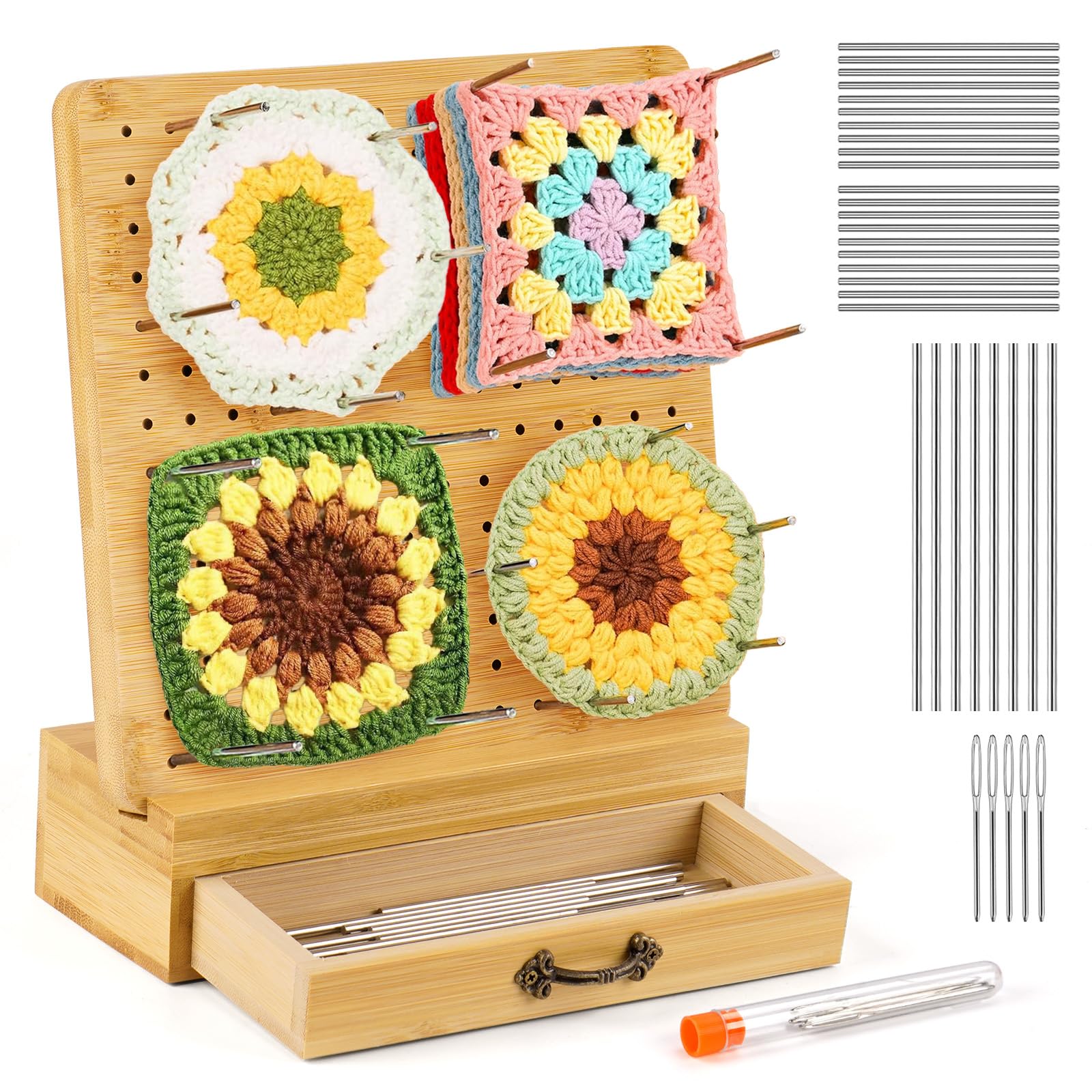 ilauke Crochet Blocking Board and Pins, 7.9inch 29 Pins Drawer Granny Square Blocking Board for Crochet,20×20cm Handcrafted Wooden Knitting Frame Mats for Knitting