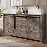 VNN Bathroom Vanity with Sink - 60 Inch Bathroom Vanity Double Sink Ceramic, Freestanding Cabinet with 2 Farmhouse Sliding Ba