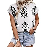 Dokotoo Women’s Sweater Vest Summer Casual Crewneck Knit Pullover Tops Lightweight Boho Printed Cap Sleeve Sweaters