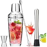 Tiawudi 23oz Glass Cocktail Shaker Set, 4PCS Bartender Kit, Martini Mixer Shaker with Built-in Strainer, Measuring Jigger, Cocktail Muddler & Mixing Spoon, Bar Tool Set for Bartender and Home Use