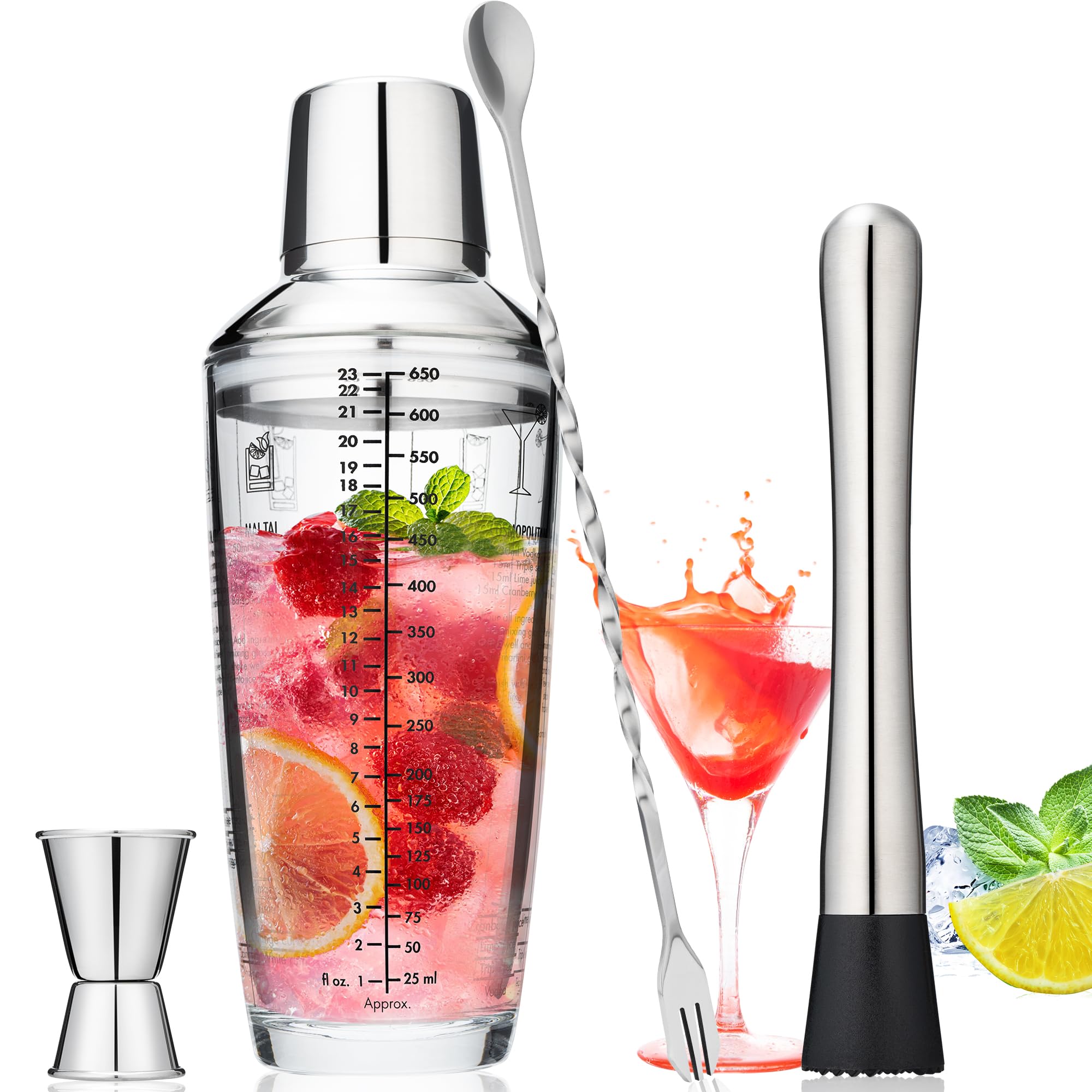 Photo 1 of **MISISNG GLASS PART**
Tiawudi 23oz Glass Cocktail Shaker Set, 4PCS Bartender Kit, Martini Mixer Shaker with Built-in Strainer, Measuring Jigger, Cocktail Muddler & Mixing Spoon, Bar Tool Set for Bartender and Home Use