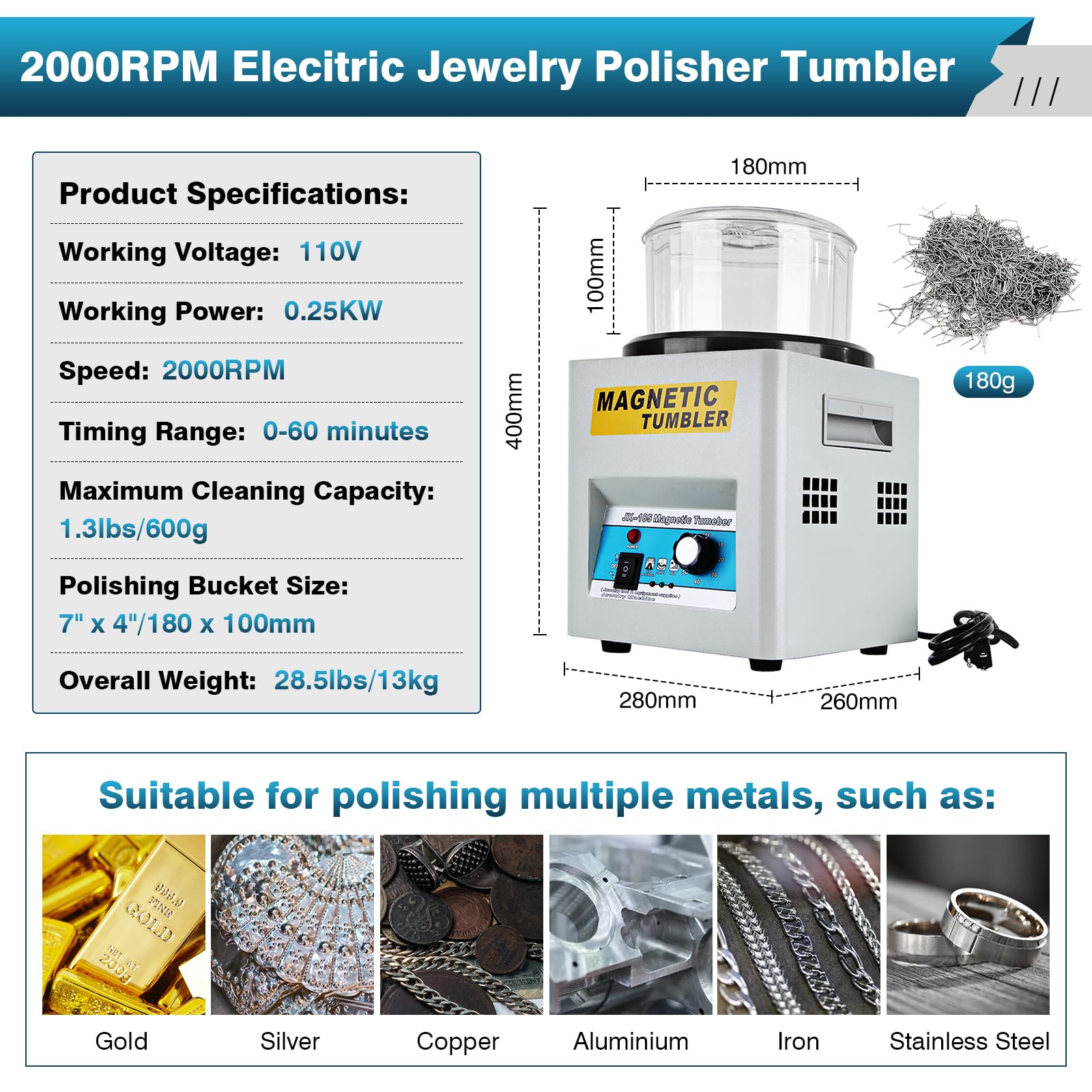 IRONWALLS Magnetic Tumbler Jewelry Polisher, 2000RPM 600g Cleaning Capacity Magnetic Polisher Finisher with 7.1”/180mm Polishing Barrel & 180g Burnishing Pins for Jewelry, Metal Parts, Hard Plastic