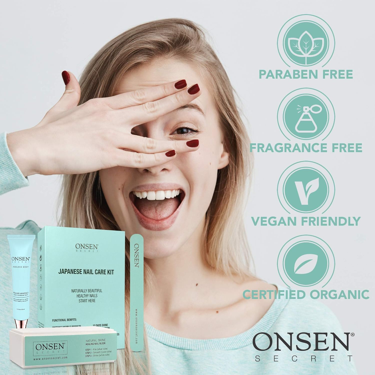 Onsen Japanese Nail Buffer and Shine Kit - Professional Nail File, 3-Way Nail Buffer Block with Free Replacement Pads and Nail Strengthening Cuticle Cream for Healthy Nails, Travel Size Nail Care Kit : Beauty