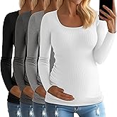 Huukeay 4 Pack Women's Cotton Maternity Tops Long Sleeve Ribbed Side Ruched Scoop Neck Shirts Casual Mama Pregnancy Clothes