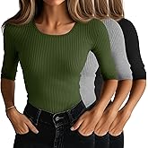 Neer 3 Pack Women's Scoop Neck Ribbed Tops Half Sleeves Shirts Slim Fitted 1/2 Sleeve Causal Basic Knit Tee