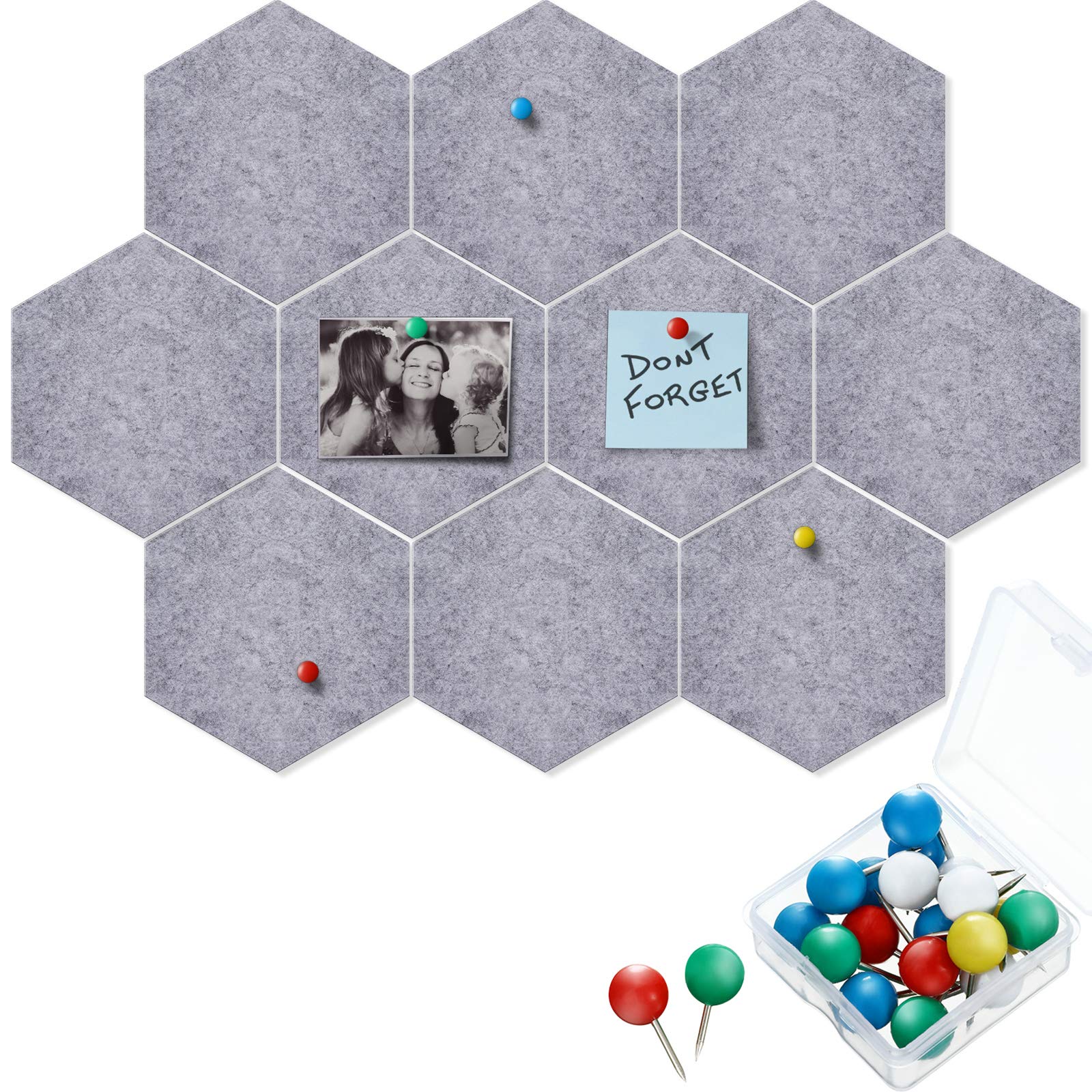 10 Packs Pin Board Hexagon Felt Board Tiles Bulletin Board Memo Board with 20 Pieces Push Pins, Decoration for Home Office Classroom Wall (Gray, 5.9 x 7 Inches/ 15 x 17.7 cm)