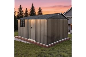 LINKHOO 12 x 10 FT Outdoor Storage Shed, Metal Garden Tool Shed with Slooping Roof, Lockable Doors and Aluminum Frames, Easy to Assemble for Garden, Patio, Lawn, Brown