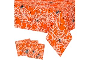 ECOHOLA Halloween Spiders and Cobwebs Tablecloths 108 x 54 Inch, Disposable Table Covers for Halloween Party, Waterproof and Durable Tablecloths for Halloween Party Supplies, Pack of 3-Orange