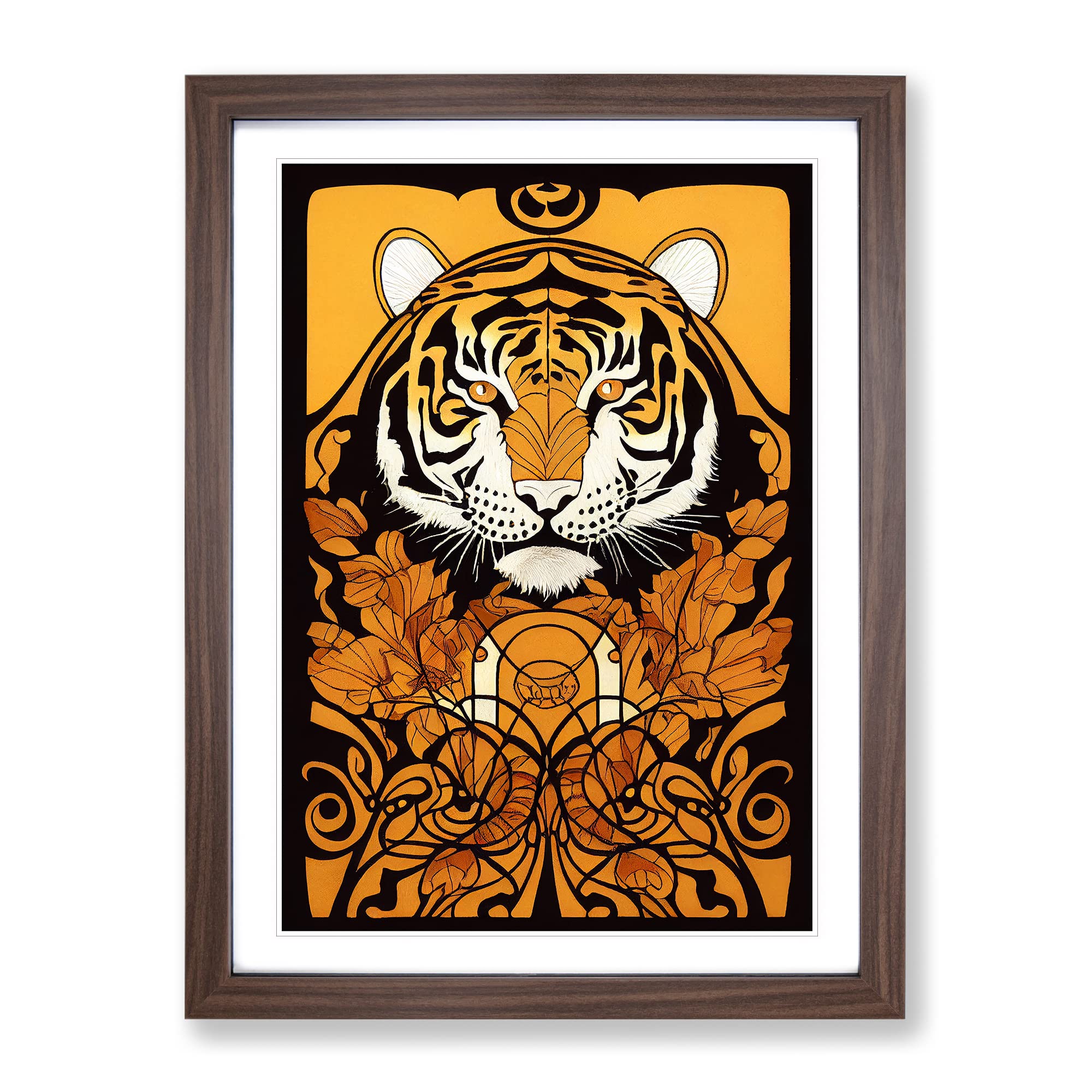 Tiger Art Nouveau No.3 Framed Print | A4 Walnut Framed Wall Art | Ready to Hang | Modern Animal Picture | Living Room Bedroom Lounge Office