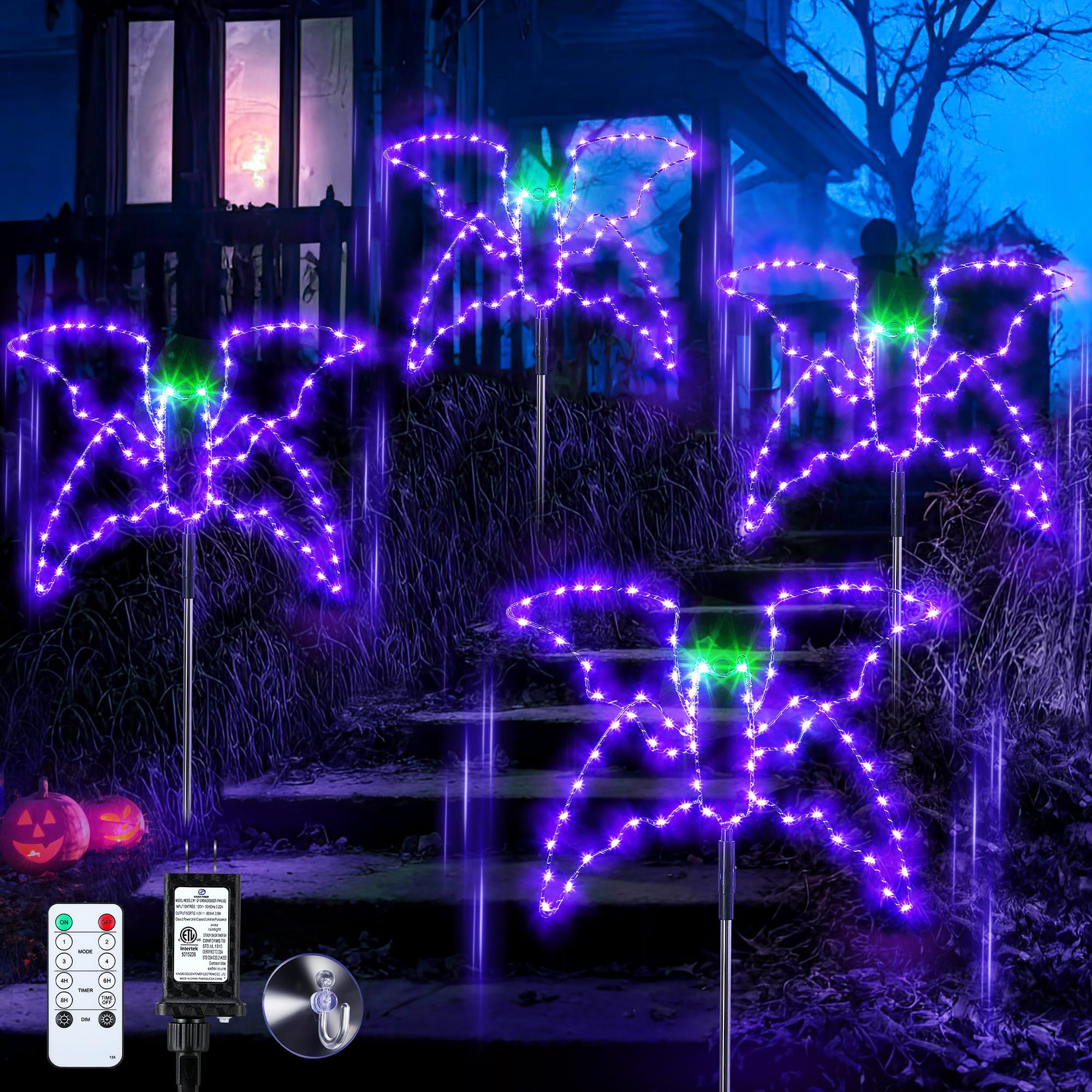 Photo 1 of Enhon Halloween Lights Outdoor Decoration, 4 Pack Halloween Walkway Lights, 4 Light Modes Remote Control Timing Function Lighted Pathway Markers for Walkway Patio Garden Decor (Flying Bat)
