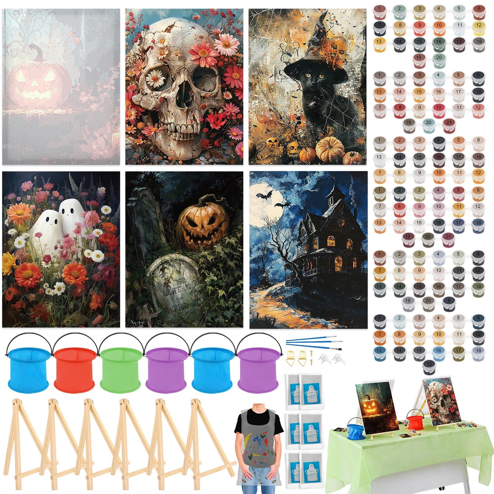 Photo 1 of Gersoniel 6 Sets Halloween Paint by Numbers Kit for Adults, 16x12 Inch Ghost Pumpkin Sip and Paint for Beginners, Pre Drawn Oil Painting on Canvas, DIY Painting Kit Bulk Gifts for Halloween