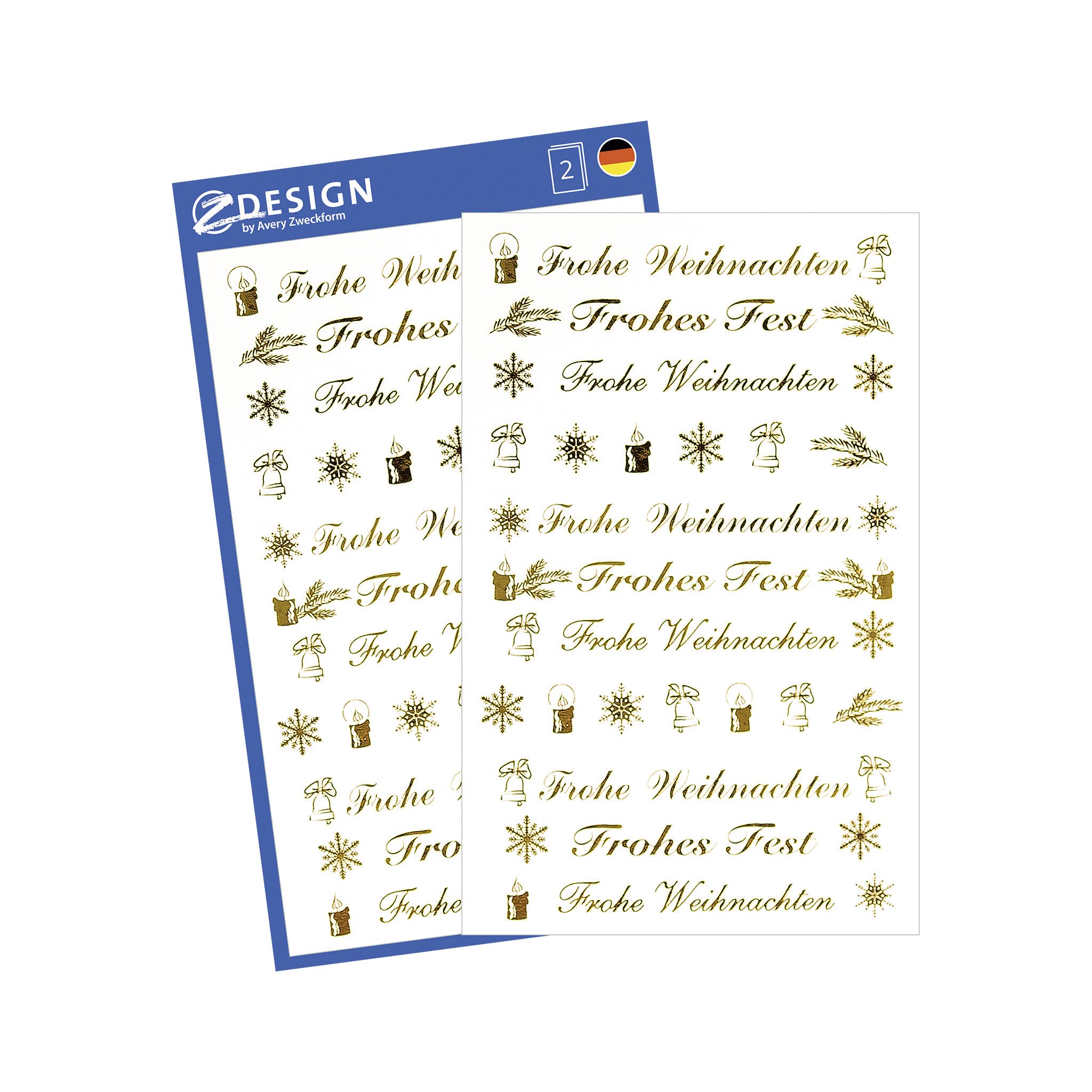 Avery Zweckform 52391 Christmas Stickers, Frohes Fest" Text, Clear Film, Embossed, 2 Sticker Sheets, 44 Stickers, Gold — image 1
