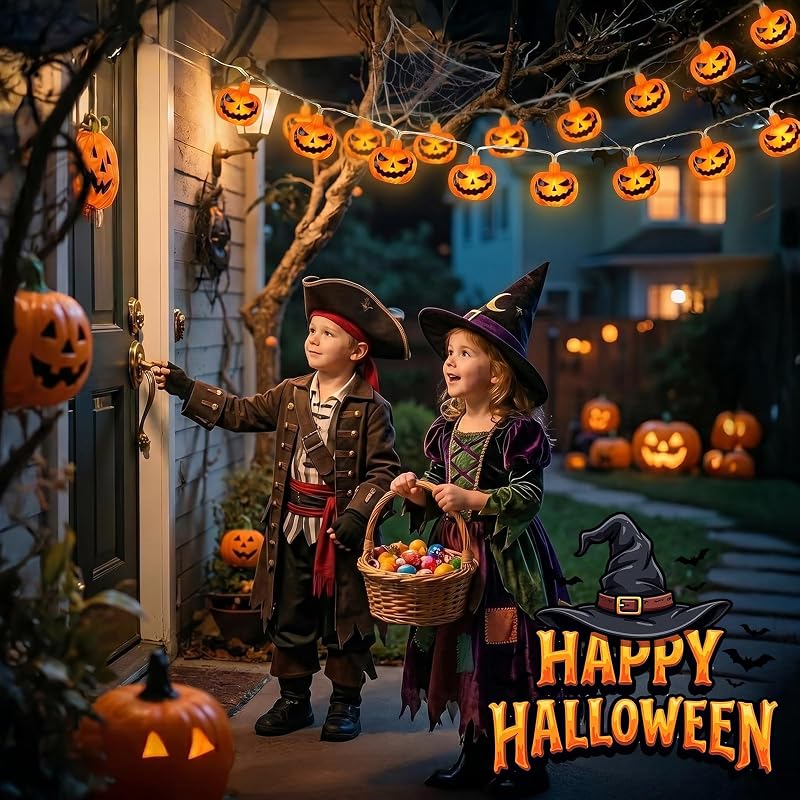 Halloween Lichterkette, 3M 20LED Kürbis Lichterkette Batterie Außen mit 6h Timer, IP65 Wasserdicht Jack-O-Lantern für Halloween Deko, Zombie Themen Partys