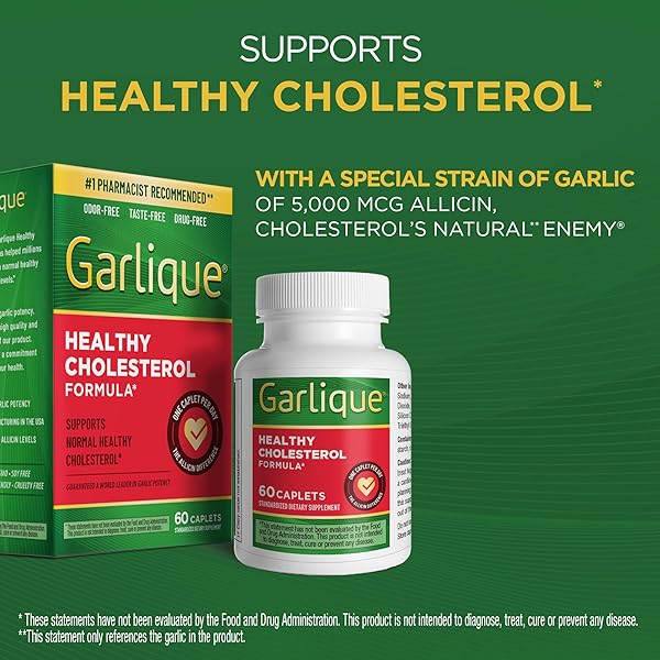 GARLIQUE GARLIC EXTRACT SUPPLEMENT, HEALTHY CHOLESTEROL FORMULA, ODORLESS & VEGAN, 60 CAPLETS