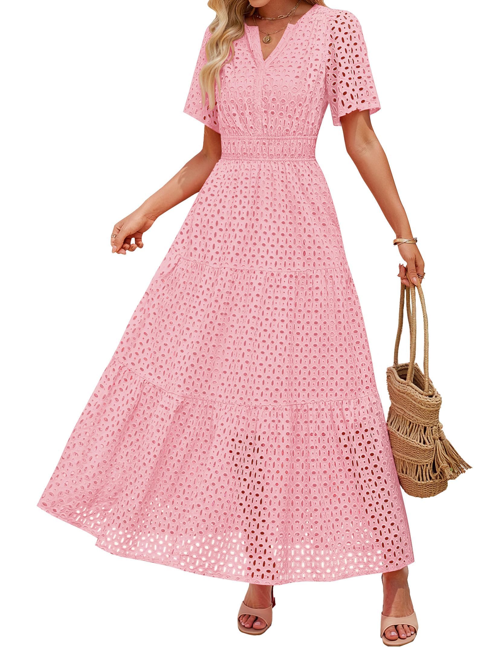 Photo 1 of ZESICA Women's 2025 Summer Short Sleeve Maxi Dress Casual V Neck Hollow Out Eyelet Ruffle Swing A Line Long Dresses,Pink,Large