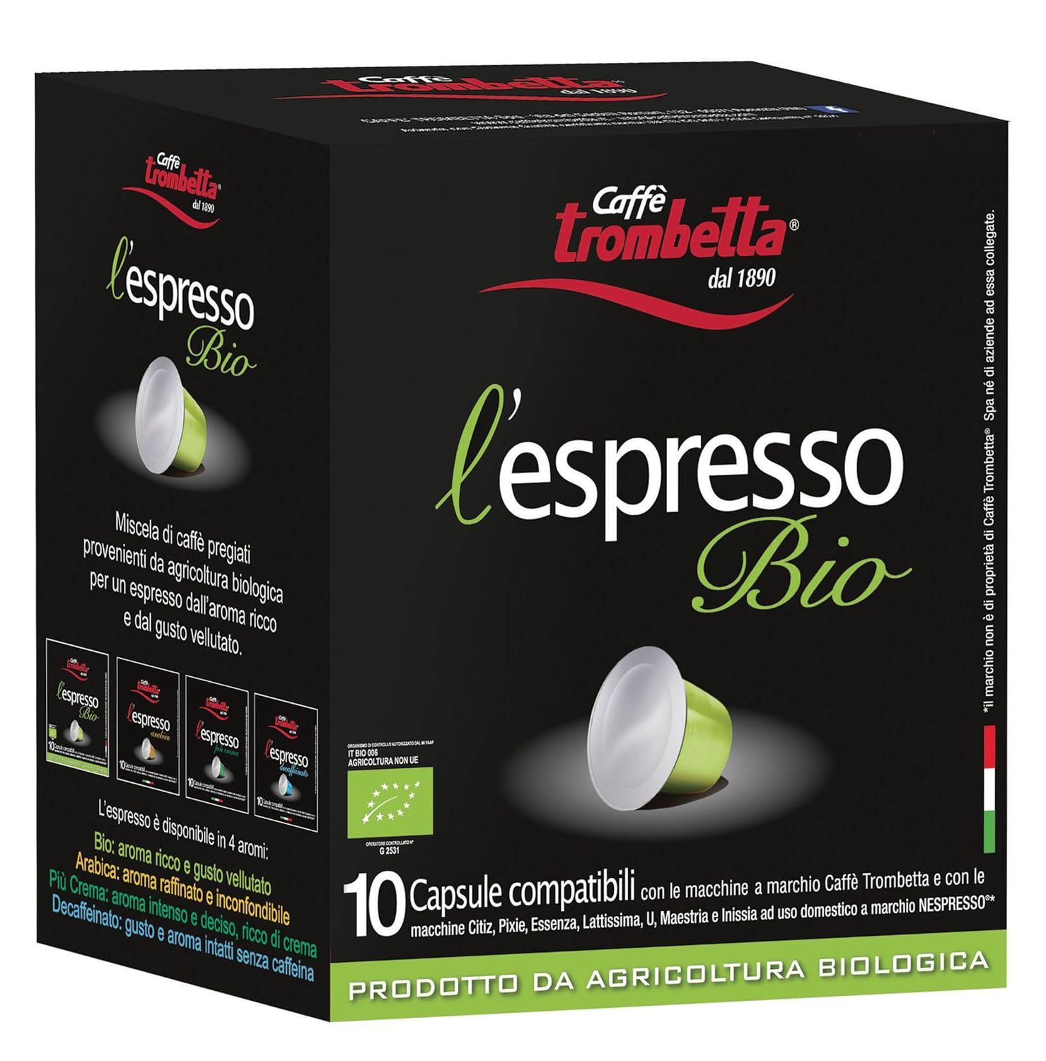 Trombetta Nespresso Organic Italian Coffee - 10 Capsules “L’espresso Bio” Instant Organic Espresso Coffee - Compatible Nespresso Espresso Coffee Pods