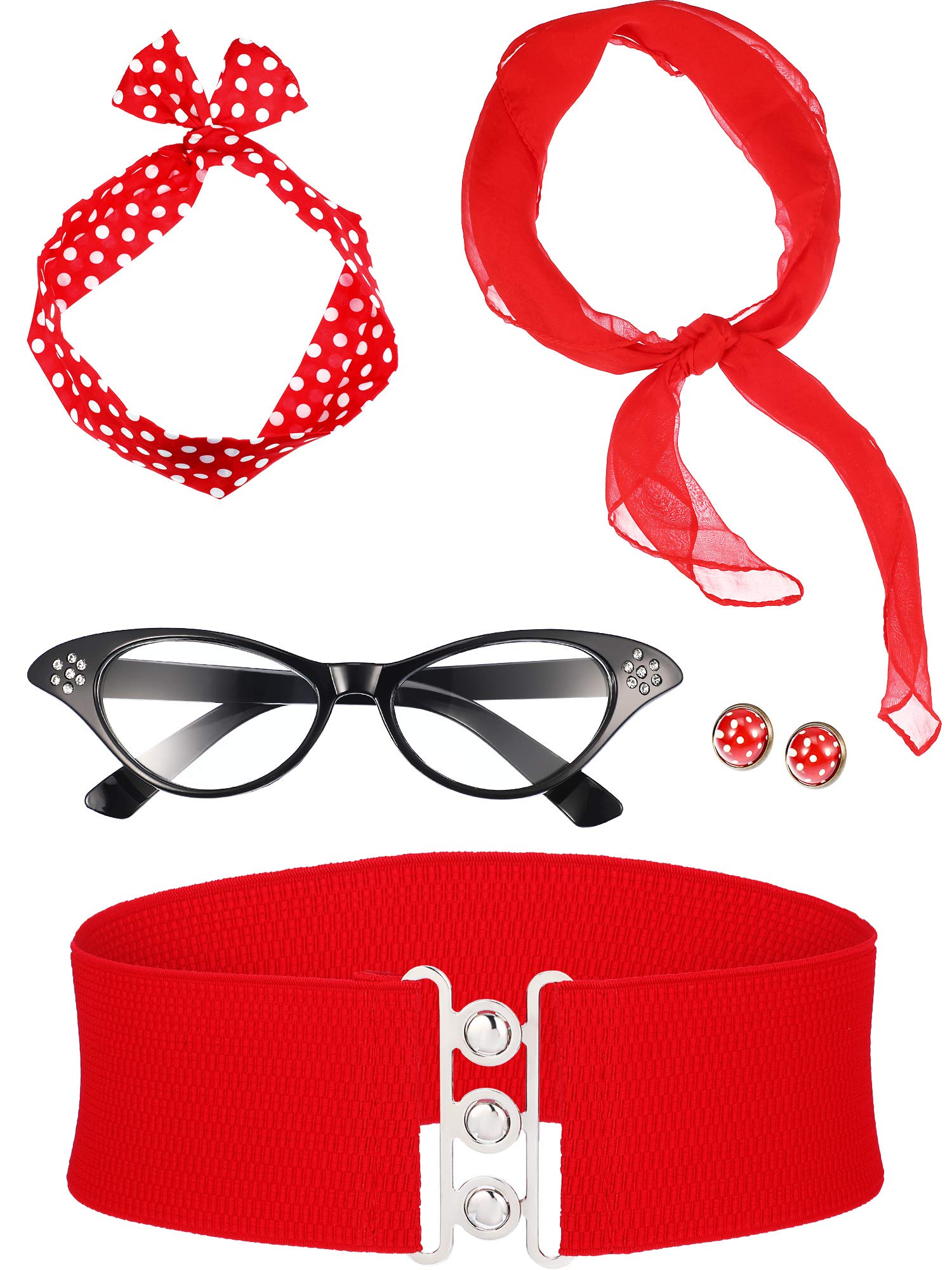 ZHANMAI 50's Costume Scarf Polka Dot Headband Earring Cat Eye Glasses Waistband (Red)