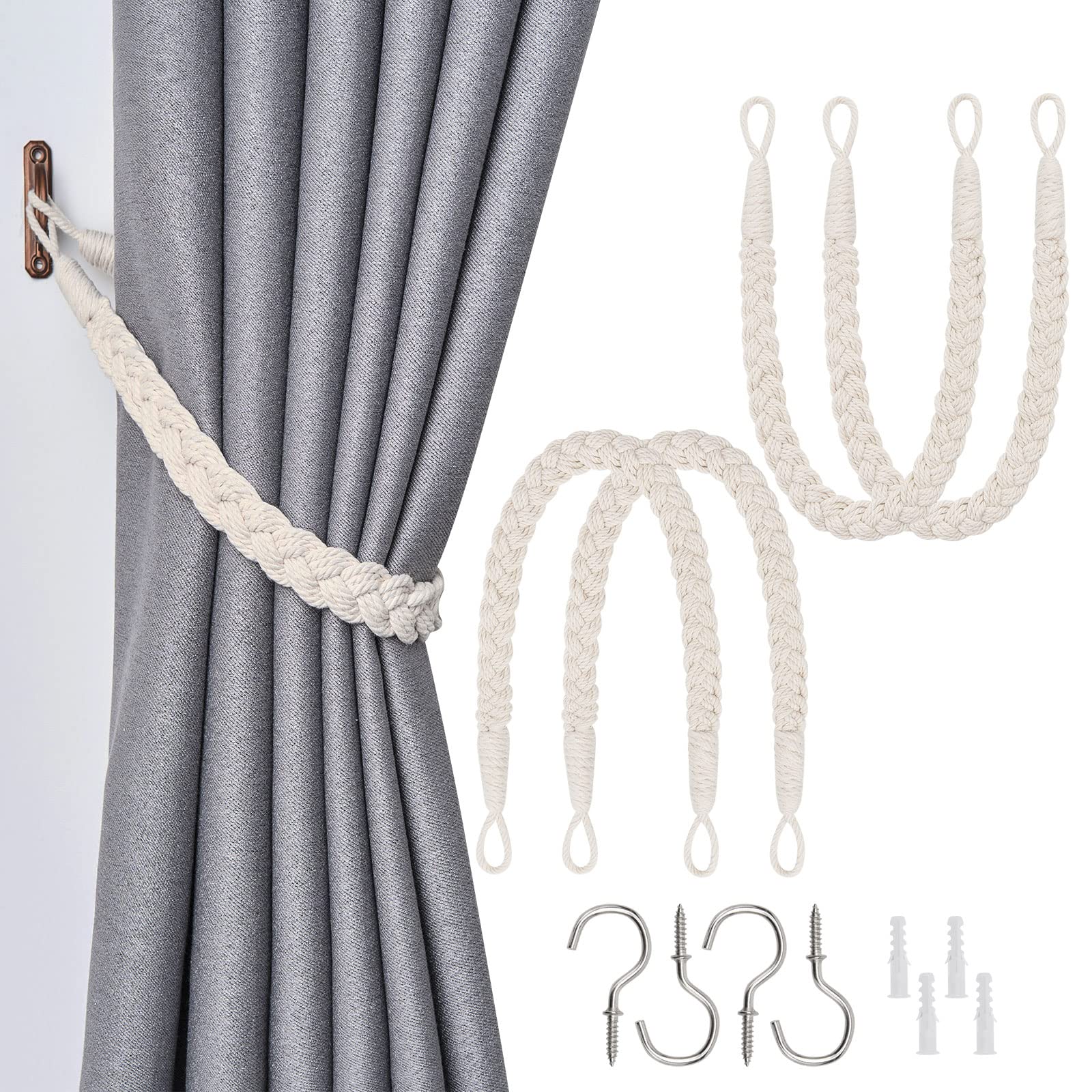 Pretty Jolly 4 Pack Natural Cotton Rope Curtain Tiebacks Elegant Boho Style Decorative Drape Tie Backs Soft Hand-Woven Rope Curtain Holdbacks with Metal Hook for Home & Office Drapery (Beige)