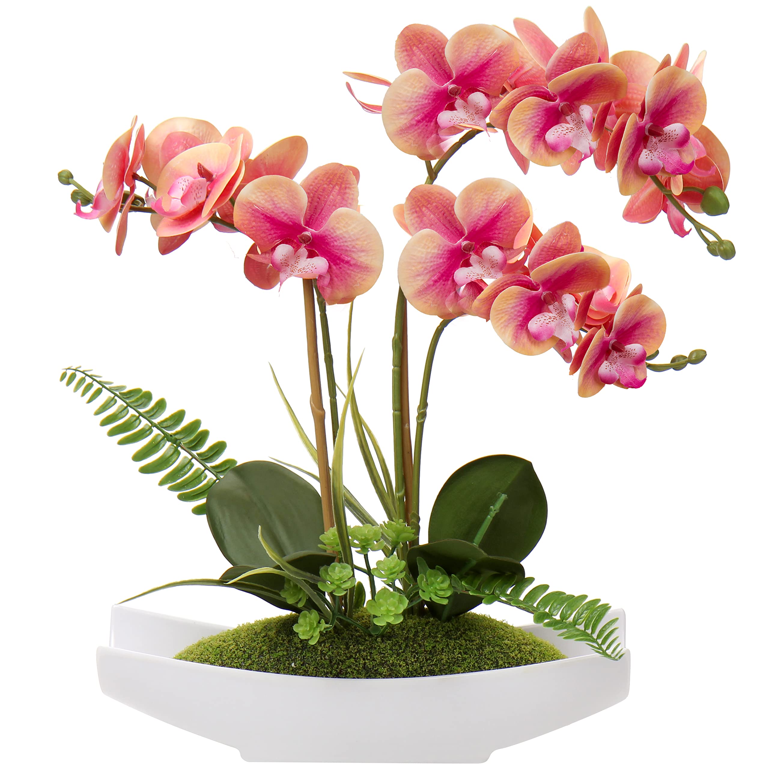 Briful Pink Orchid Artificial Flowers in Pot - Fake Orchid Silk Phalaenopsis Pink Flower Arrangement - Artificial Orchid Plant Indoor for Home Office Kitchen Bedroom Wedding Decor
