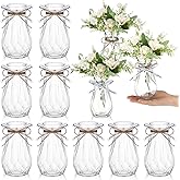 Bokon Set of 12 Pcs Small Plastic Bud Vases in Bulk with Gift Wrapping Ribbon, Vases for Flower, Wedding Centerpieces for Home Decor, Living Room, Office Decoration, Housewarming Party Gift (Clear)