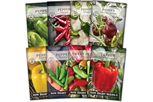 Sow Right Seeds - Hot & Sweet Pepper Seed Collection for Planting - Sunbright, Chocolate, Cayenne, California Wonder, Jalapeno, Anaheim, Cubanelle and Serrano - Non-GMO Heirloom Seeds to Plant