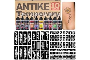 ANTIKE Temporary Tattoo Kit,10 Bottles Temporary Tattoo Ink 0.5oz with 84Pcs Tattoo Stencils,DIY Fake Tattoo for Women Men Kids Body Art Painting ZYH2312333KIT