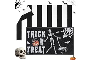FRAKRON 2Pcs Halloween Door Mat Halloween Skull Doormat Non-Slip Front Door Mat Combo Set Funny Spooky Welcome Mat with Black White Striped Rug for Front Porch Entryway Home Indoor Outdoor Decor