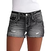 Flamingals Jean Shorts for Women Mid Waisted Stretchy Ripped Denim Shorts Raw Hem Curvy Summer Trendy