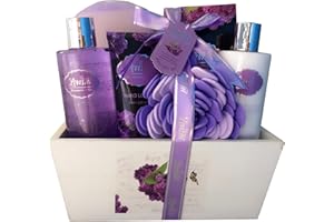 LOVESTEE Spa Gift Basket with Lavender Fragrance and Lilac Color - Bath and Body Set Includes Shower Gel, Body Lotion, Hand Lotion, Bath Salt, Flower Sponge and EVA Sponge