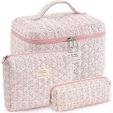 UUYUUY Makeup Bag for Women 3PCS Quilted Cotton Make Up Bag Travel Cosmetic Bag Large Makeup Bag Set Cute Makeups Organizer Floral Toiletry Pouch for Purse, Pink Stripe