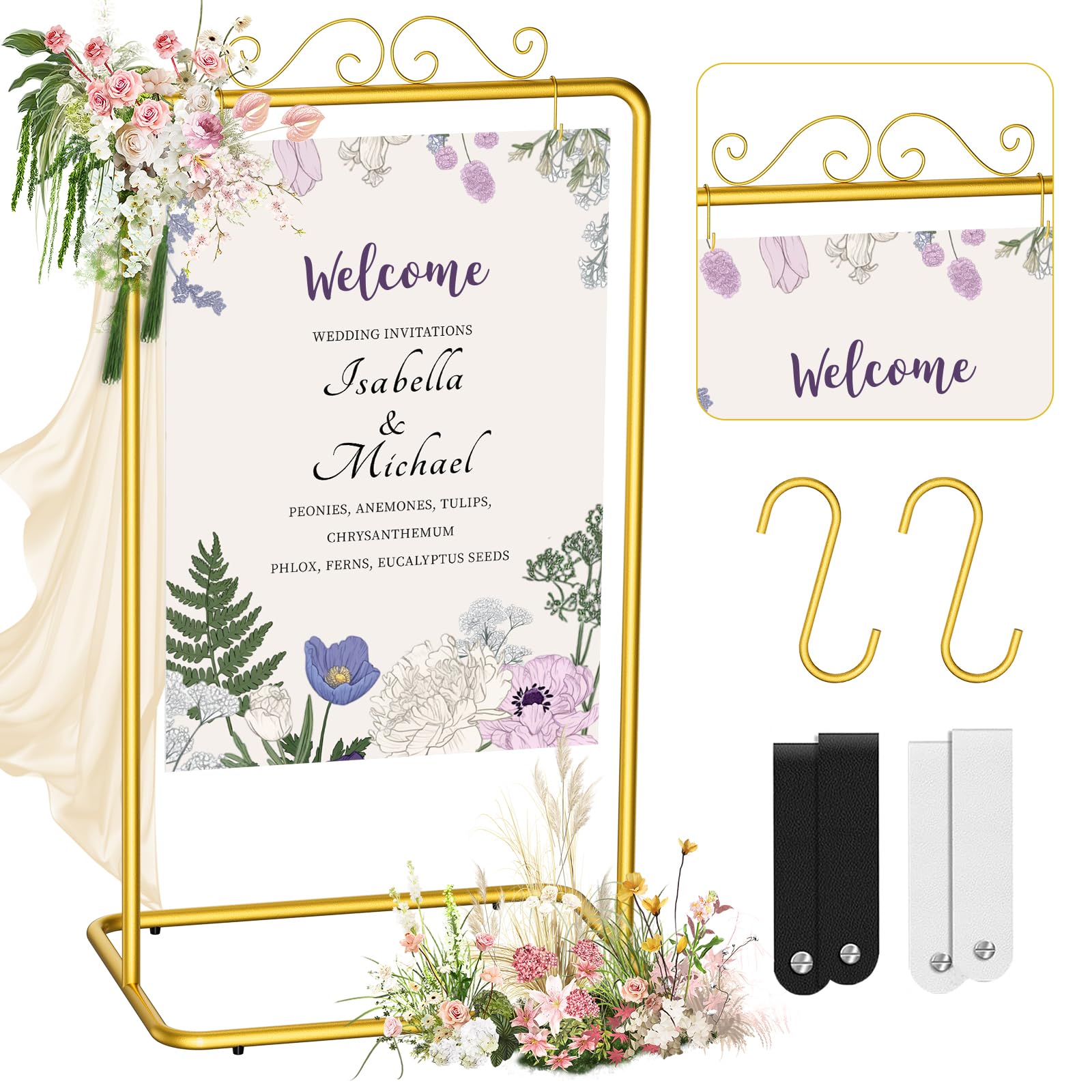 Photo 1 of Qtyhod 69” Tall Wedding Welcome Sign Stand, Heavy Duty Adjustable Metal Sign Holder with Leather Straps for Wedding & Event Decor