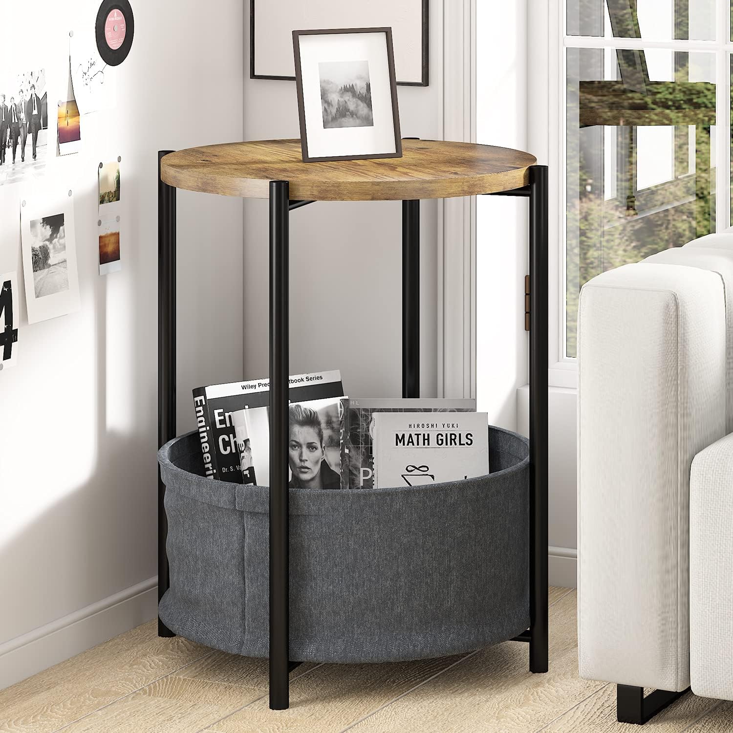 Amolife Round End Table/Sofa Side Table with Fabric Storage Basket for Living Room/Small Coffee Table / 24'' Round Bedside Table with Rustic Wood Top and Black Metal Frame/Industrial Nightstand, Brown